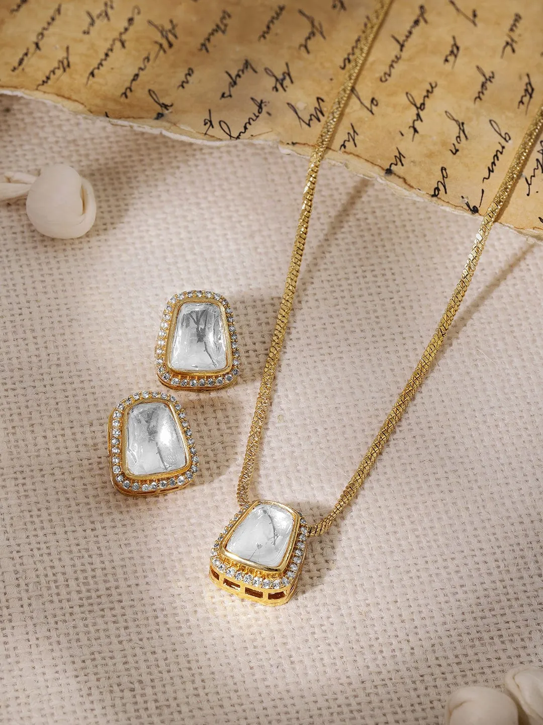 22KT Gold Plated High Quality Polki Studded  Necklace Set