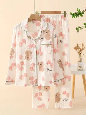 2Pcs Crepe Print Shirt Pajama Set