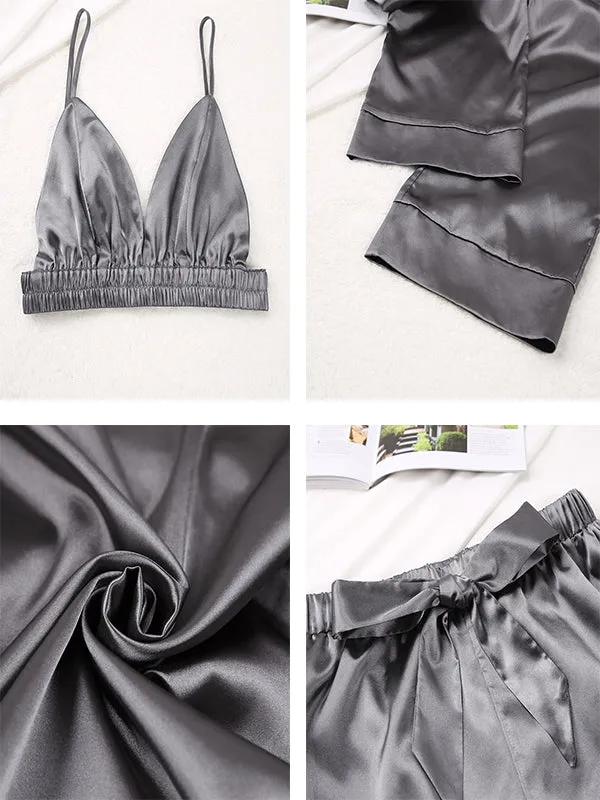 3Pcs Silk Satin Tank Top Shirt Long Pants Loungewear