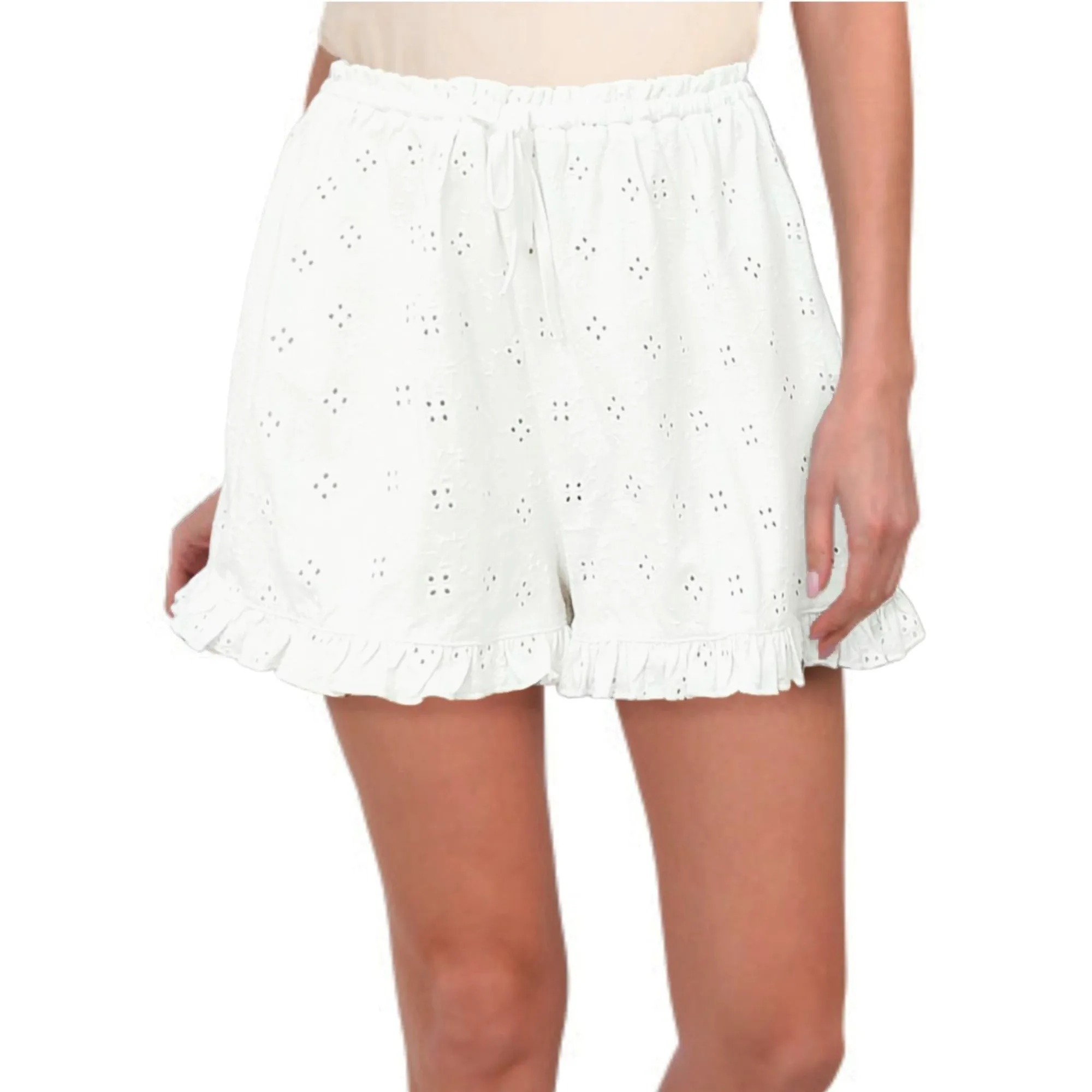 ASOS Cotton Eyelet Broderie Ruffle Trim Tie Waist Shorts