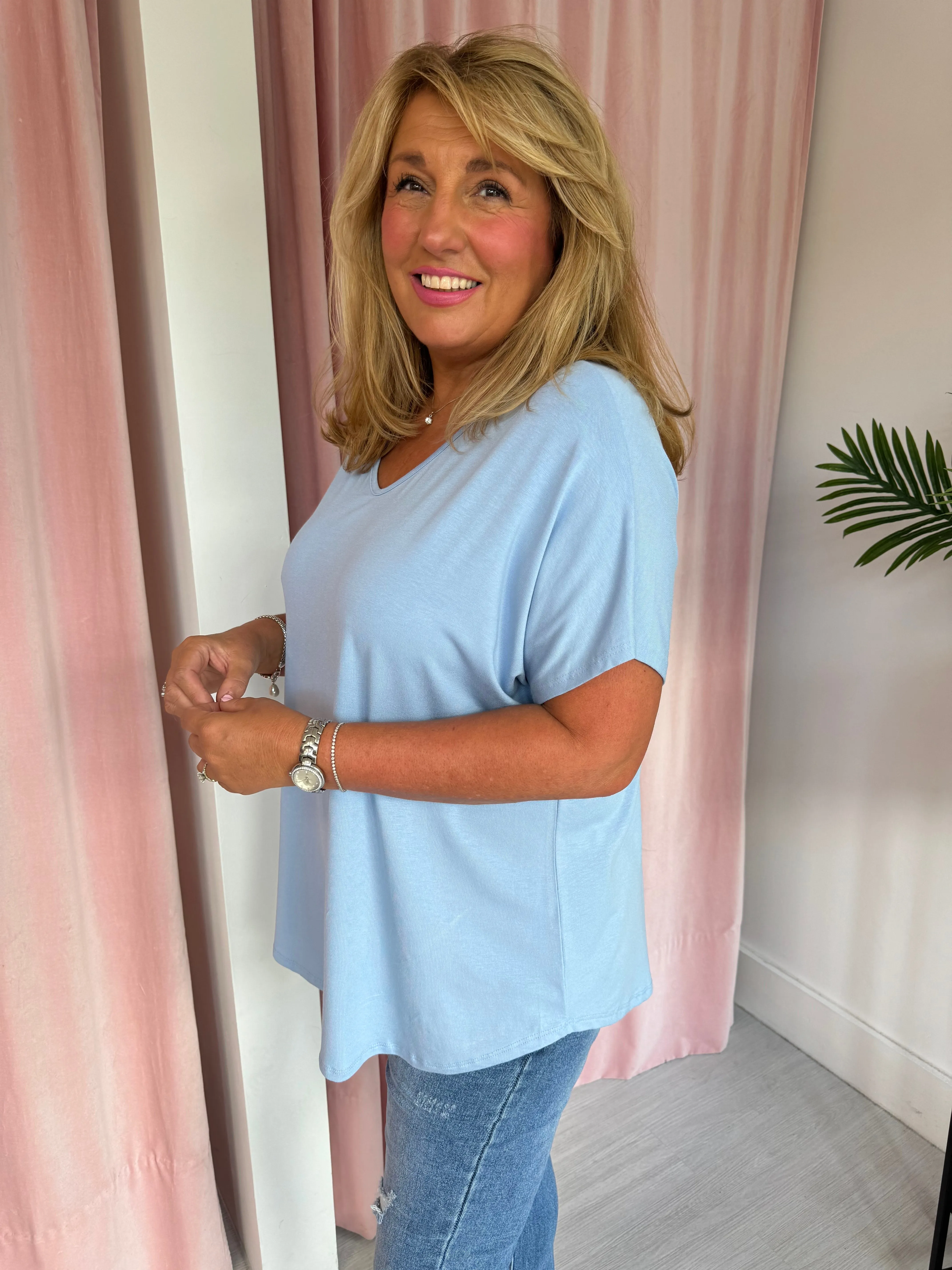 Basic V Neck T Shirt  - Light Blue