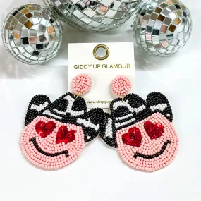 Beaded Cowboy Happy Face Drop Earrings with Red Heart Eyes in Pink