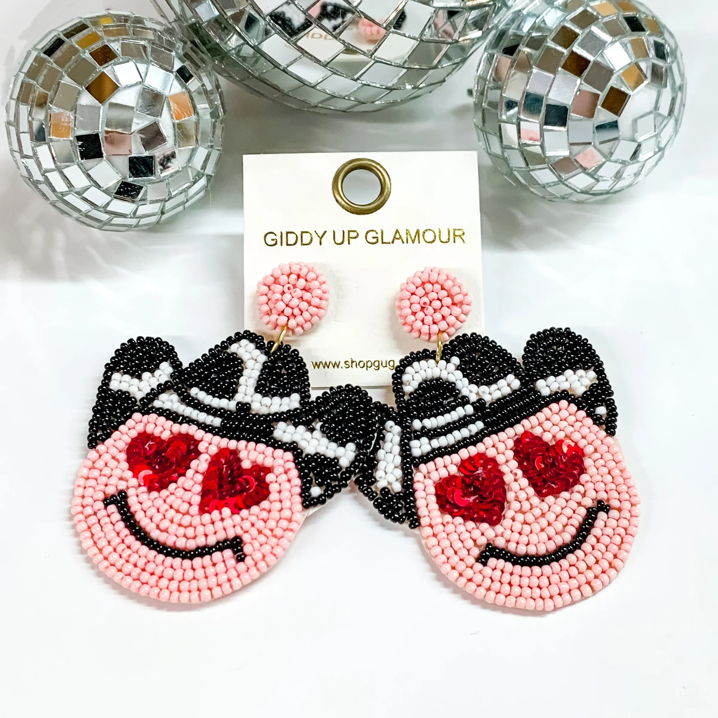 Beaded Cowboy Happy Face Drop Earrings with Red Heart Eyes in Pink