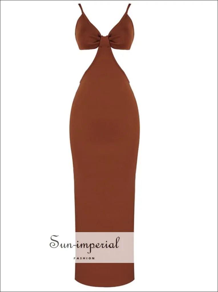 Brown Cut out Waist V Neck Backless Party Maxi Dress