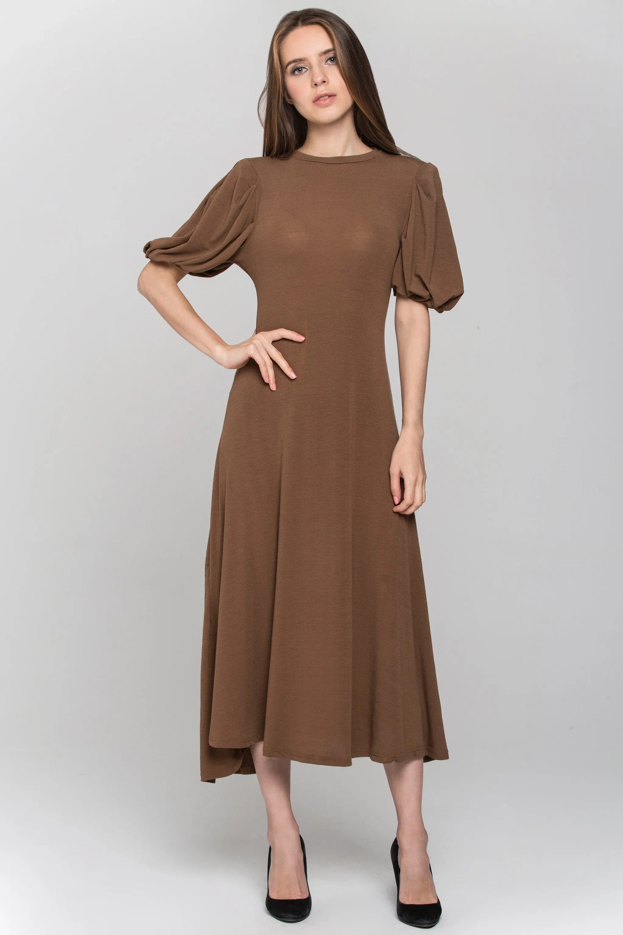 Brown High Neck Puff Sleeves Maxi Dress