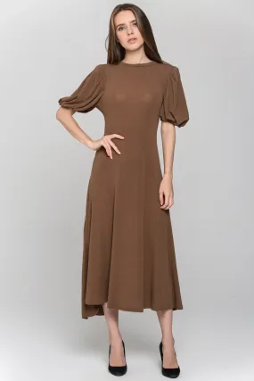 Brown High Neck Puff Sleeves Maxi Dress
