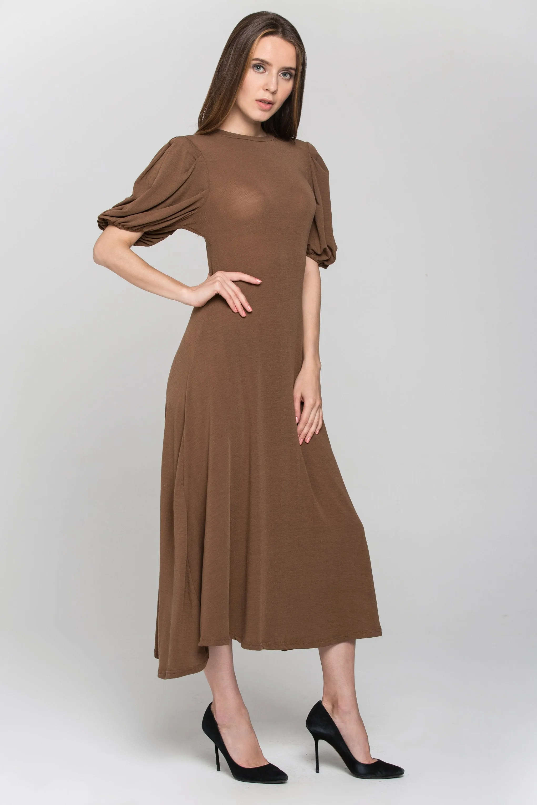 Brown High Neck Puff Sleeves Maxi Dress