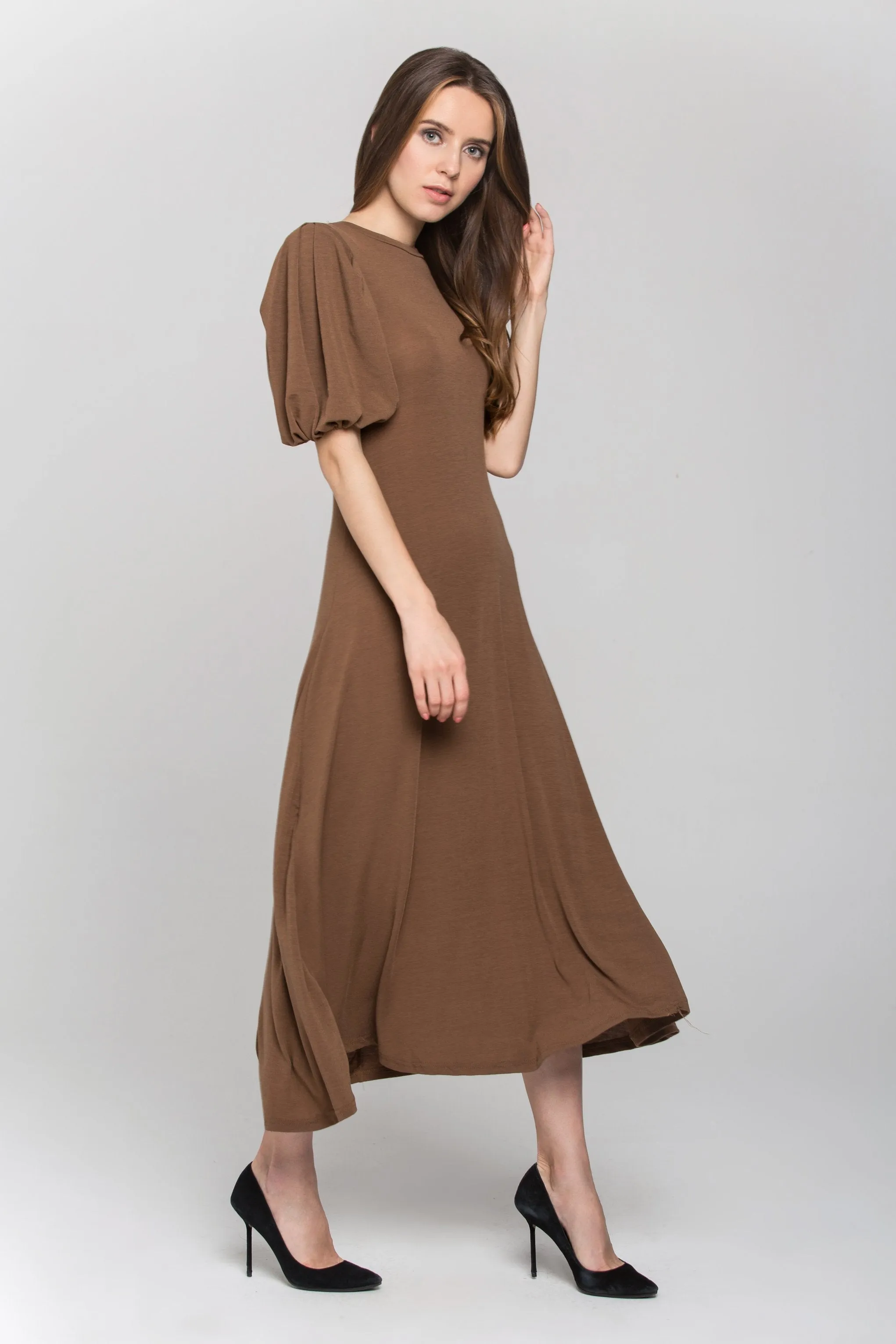 Brown High Neck Puff Sleeves Maxi Dress