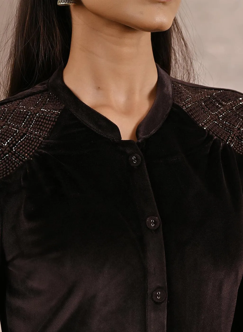 Brown Velvet Tunic with Cut Work & Hand Embroidery
