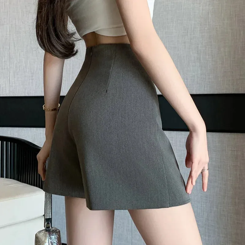 Chinese Style Knot Button Asymmetric Slit Fashion High Waist Women's Shorts