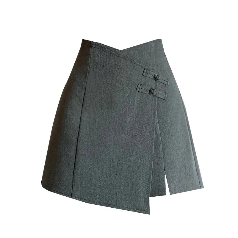 Chinese Style Knot Button Asymmetric Slit Fashion High Waist Women's Shorts