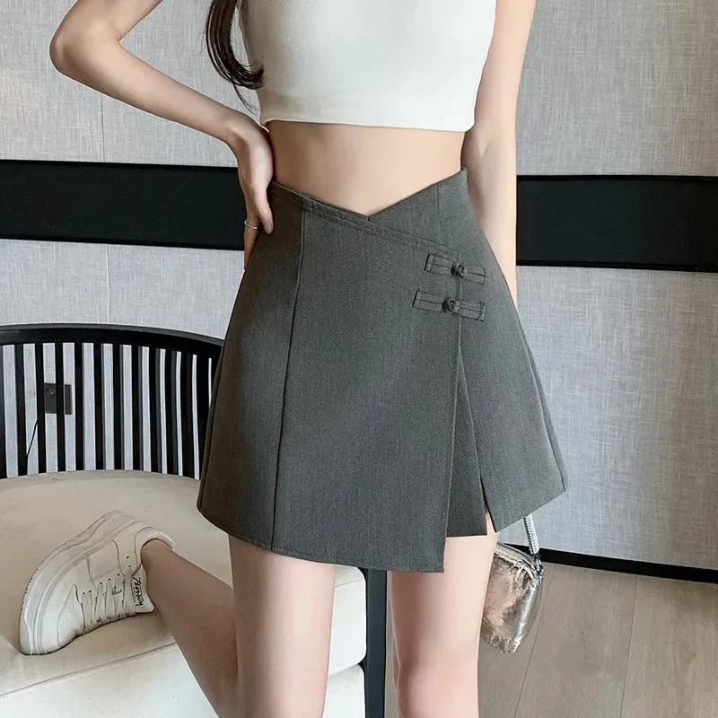 Chinese Style Knot Button Asymmetric Slit Fashion High Waist Women's Shorts