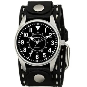 Classic Black Watch with Double White/Grey Stitched Brown Leather Cuff