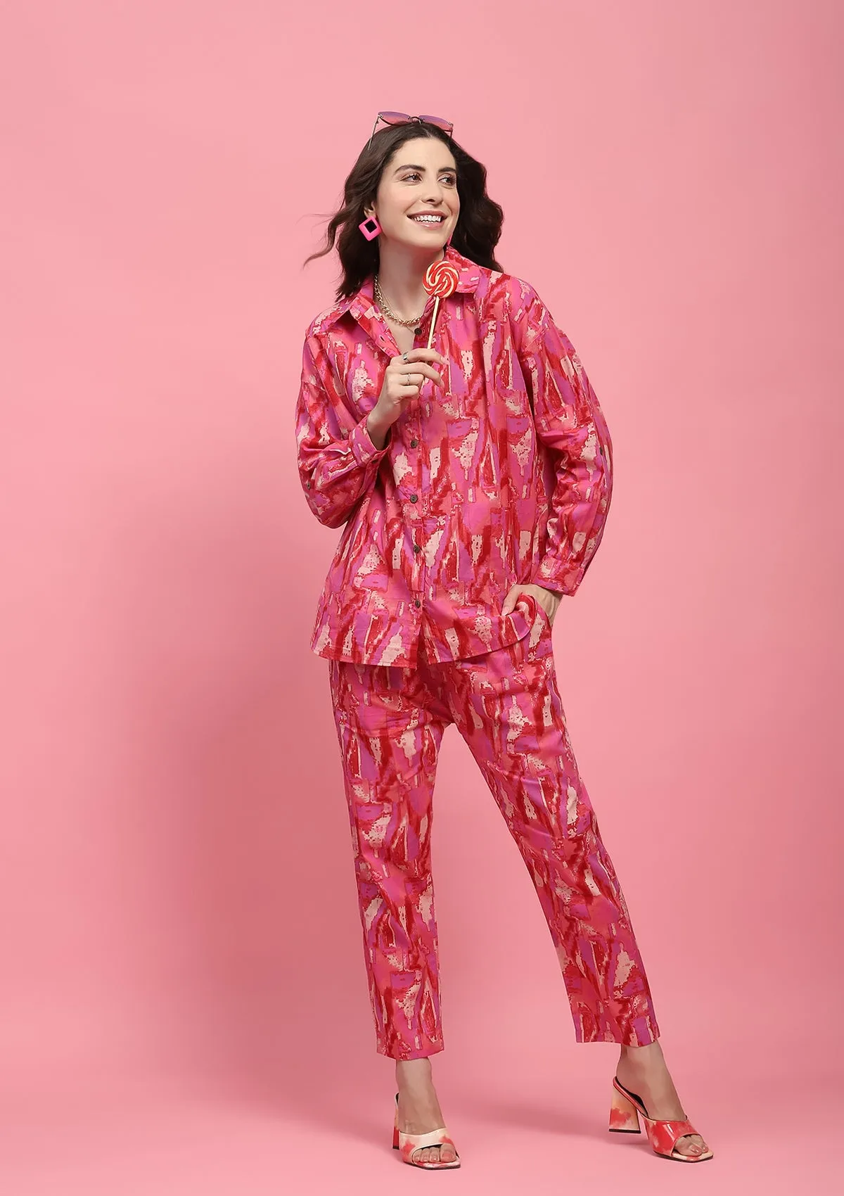 Cotton Printed Women's 2 PC Co-ord Set - Pink