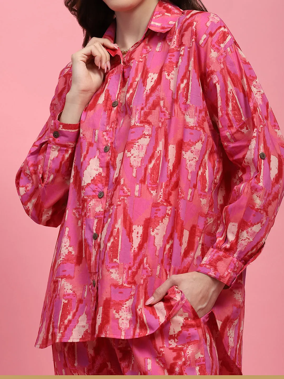 Cotton Printed Women's 2 PC Co-ord Set - Pink