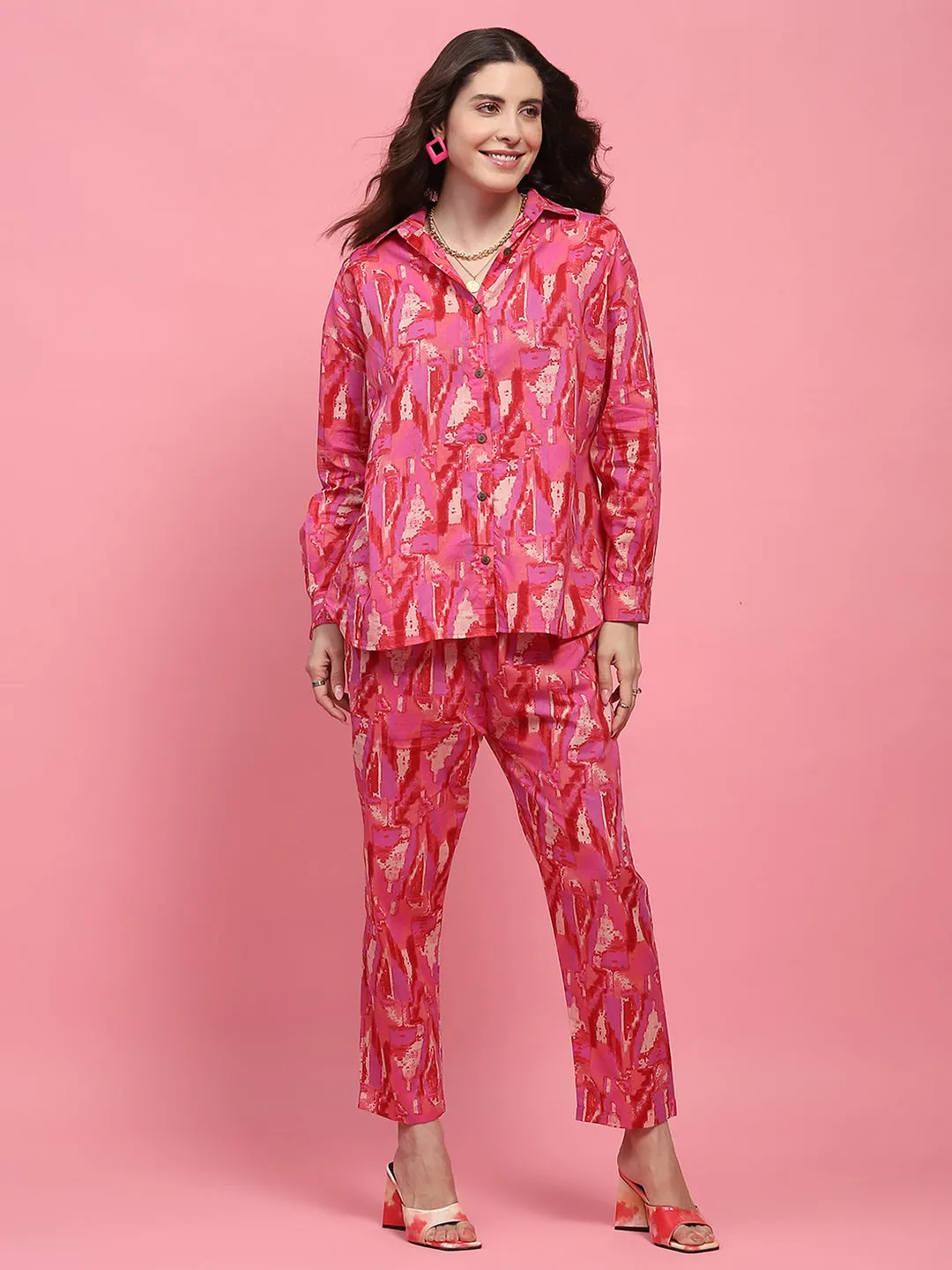 Cotton Printed Women's 2 PC Co-ord Set - Pink