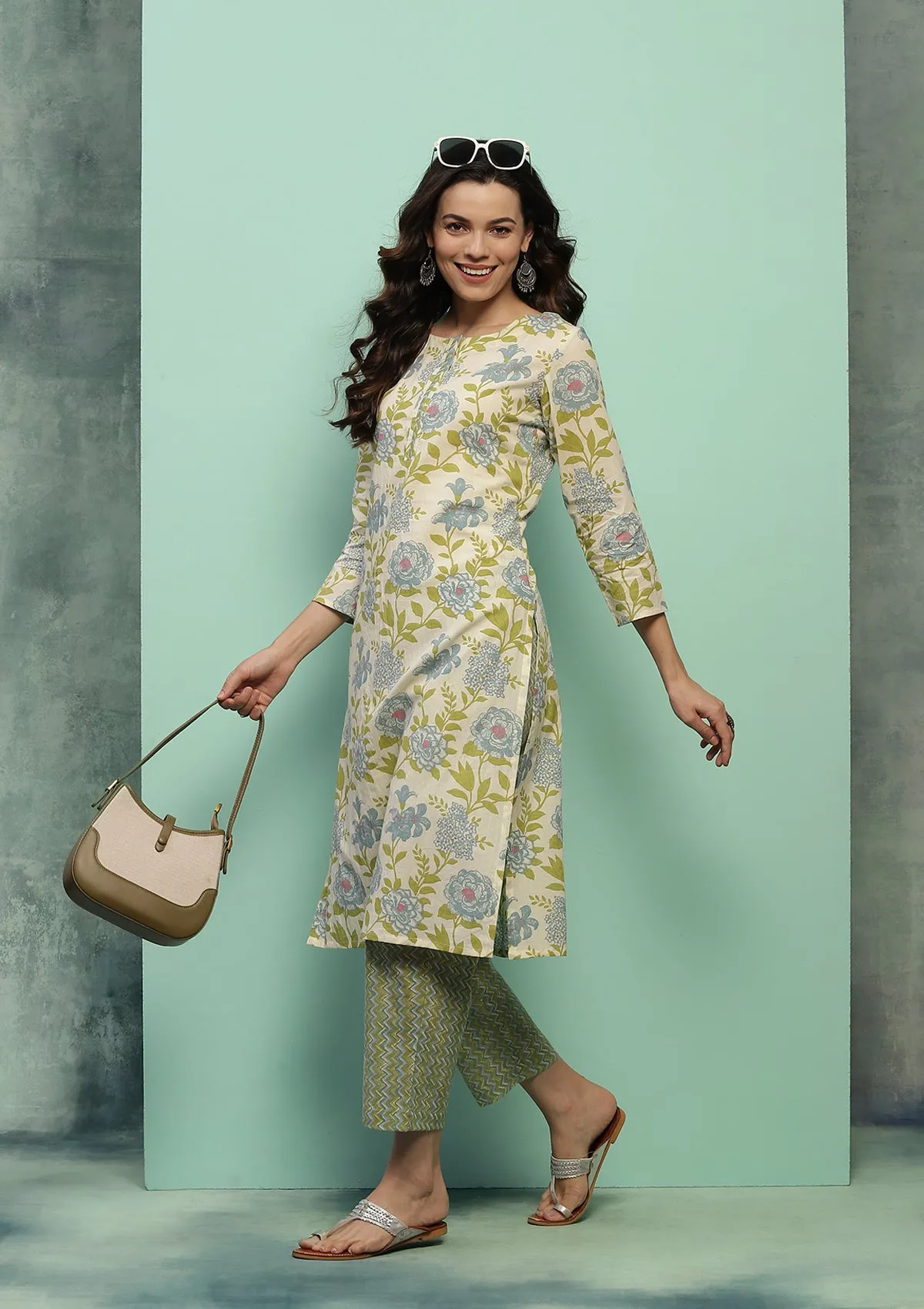 Cotton Printed Women's 2 PC Long Kurta Set - Cream