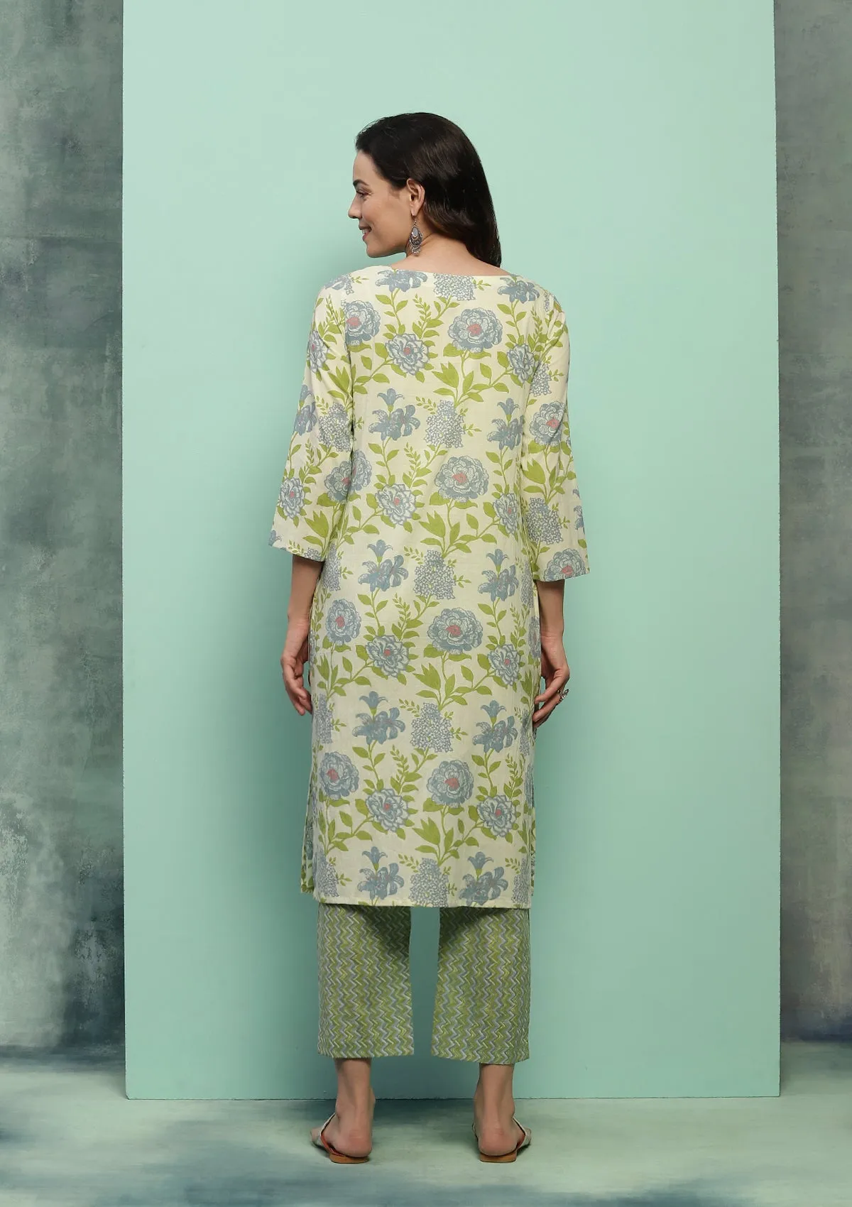 Cotton Printed Women's 2 PC Long Kurta Set - Cream