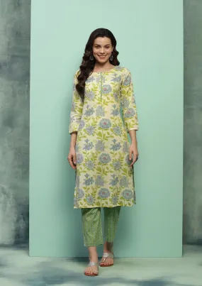Cotton Printed Women's 2 PC Long Kurta Set - Cream