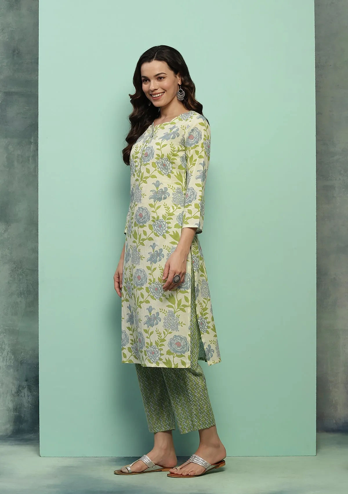 Cotton Printed Women's 2 PC Long Kurta Set - Cream