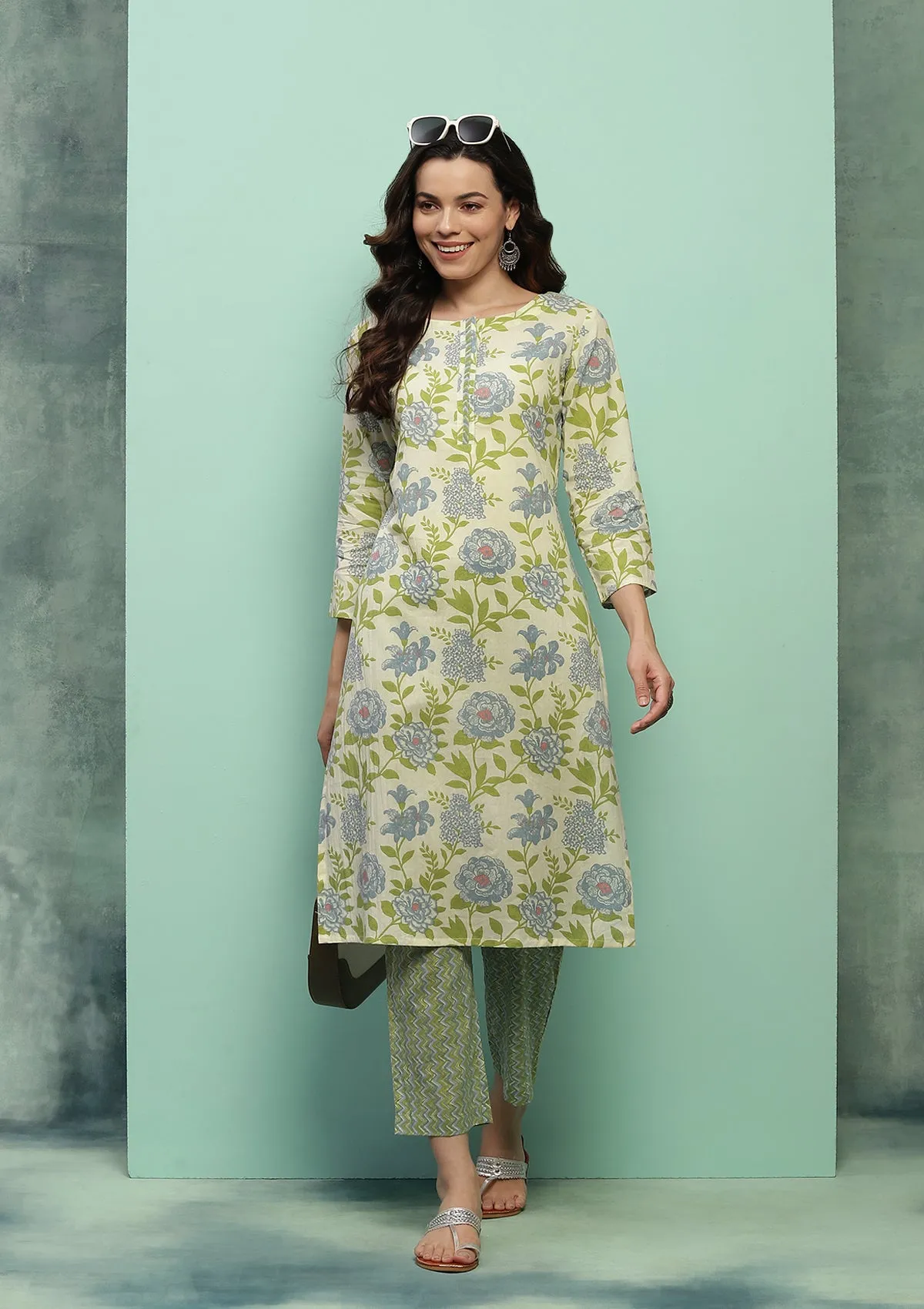 Cotton Printed Women's 2 PC Long Kurta Set - Cream