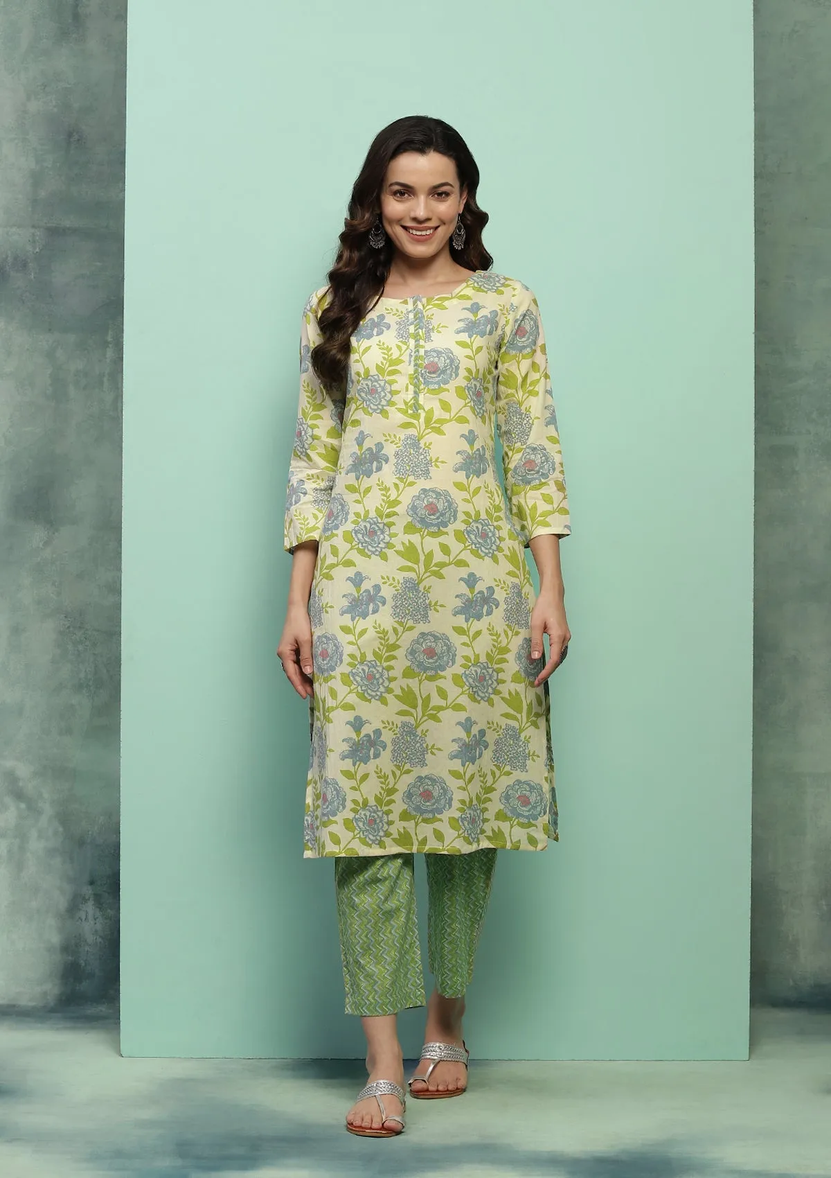 Cotton Printed Women's 2 PC Long Kurta Set - Cream