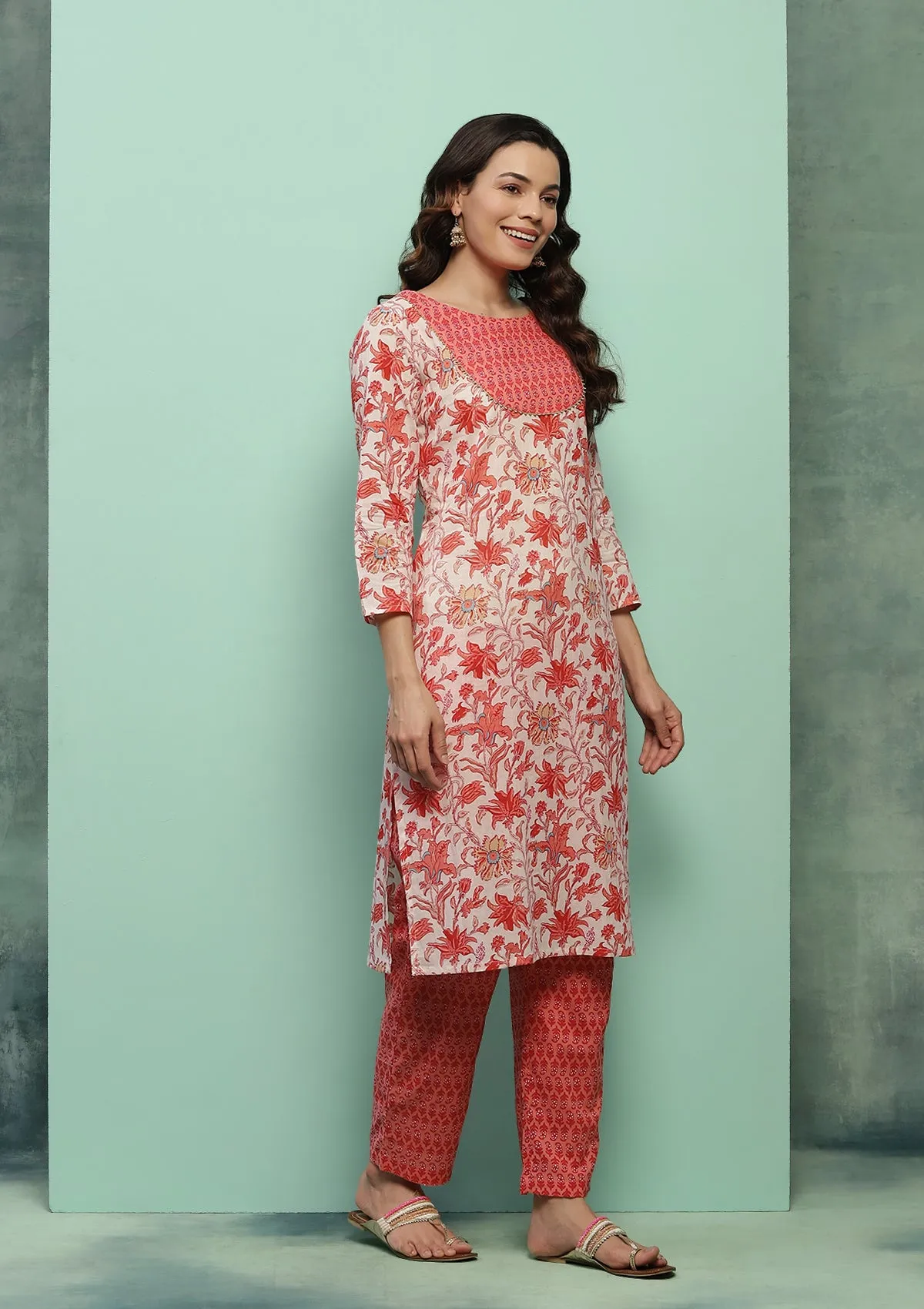 Cotton Printed Women's 2 PC Long Kurta Set - Orange