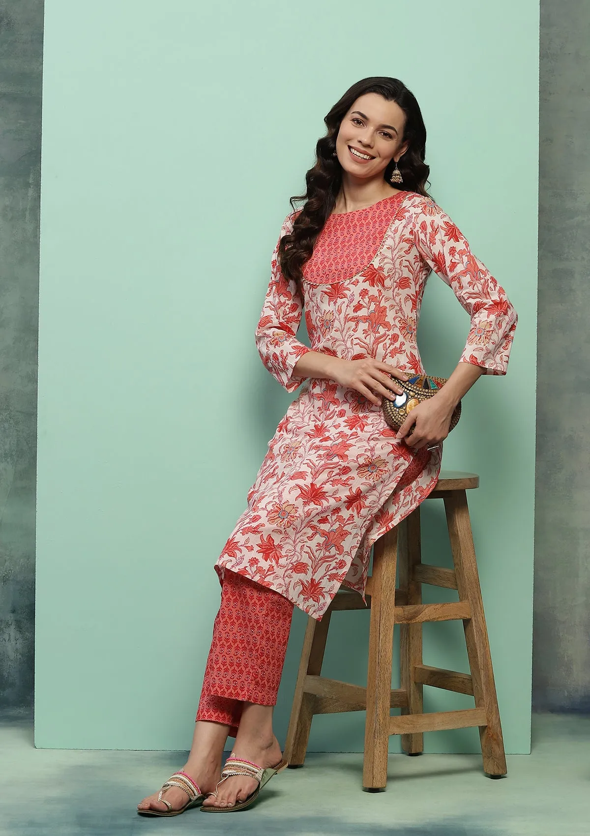 Cotton Printed Women's 2 PC Long Kurta Set - Orange