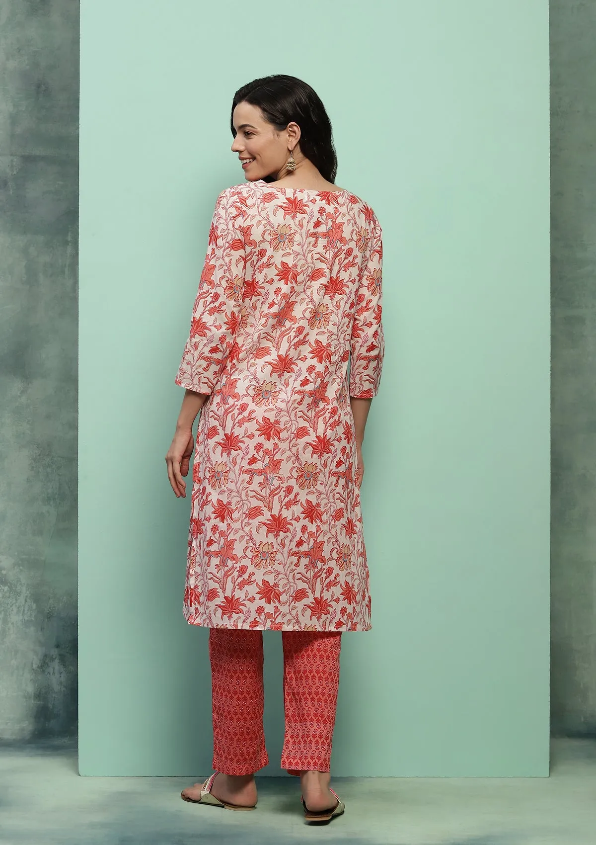 Cotton Printed Women's 2 PC Long Kurta Set - Orange