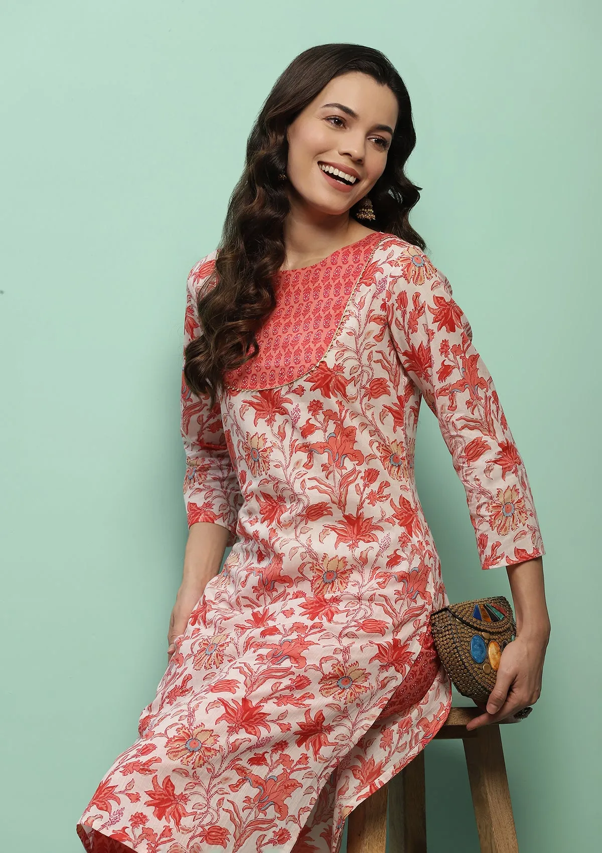 Cotton Printed Women's 2 PC Long Kurta Set - Orange