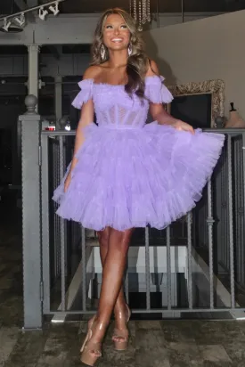 Cute A Line Off the Shoulder Light Purple Tulle Short Homecoming Dresses VK24082309