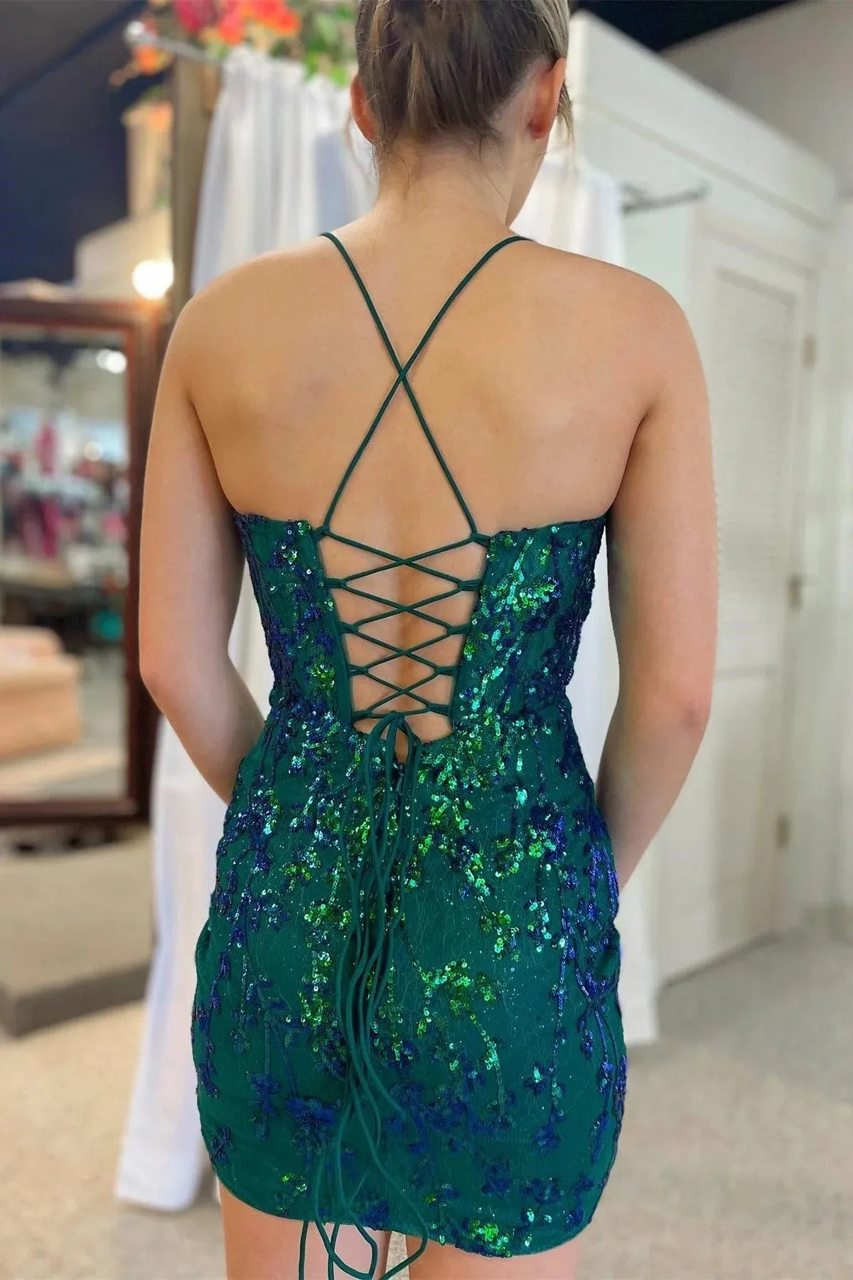 Cute Bodycon V Neck Light Blue Sequins Short Homecoming Dresses VK24082319