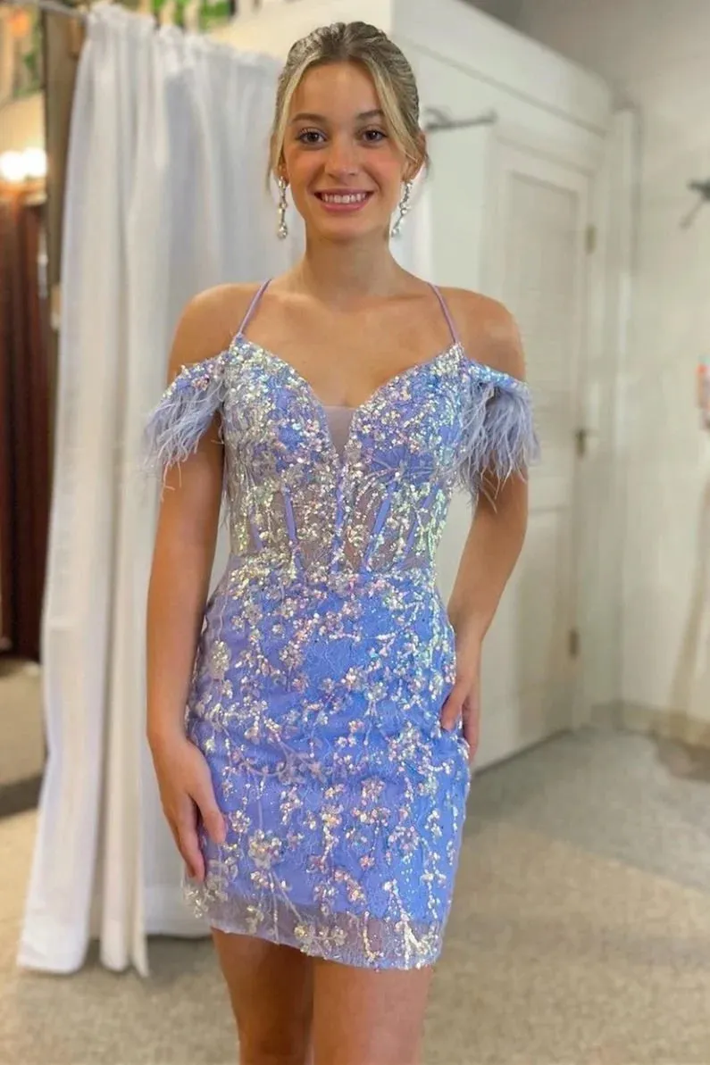 Cute Bodycon V Neck Light Blue Sequins Short Homecoming Dresses VK24082319