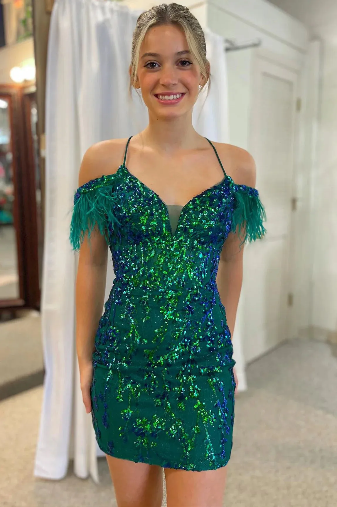 Cute Bodycon V Neck Light Blue Sequins Short Homecoming Dresses VK24082319