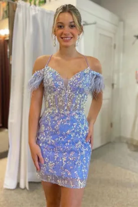 Cute Bodycon V Neck Light Blue Sequins Short Homecoming Dresses VK24082319