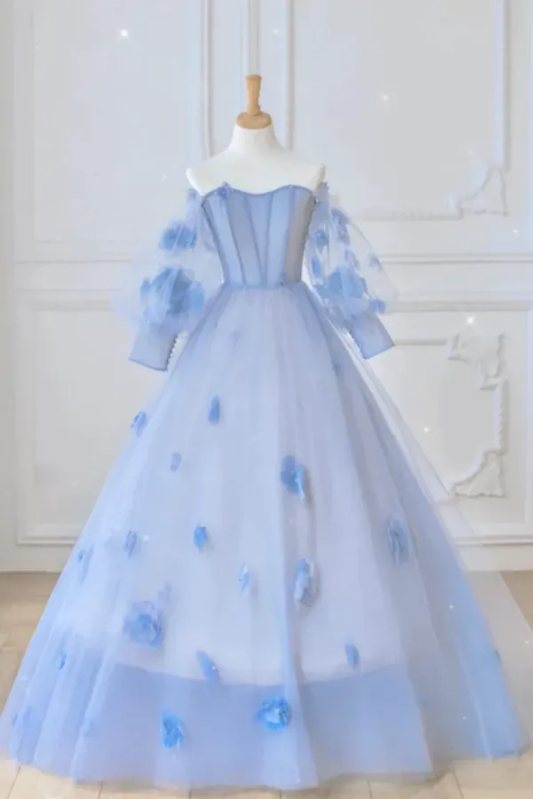 Cute Light Blue Long Sleeves Elegant Princess Dresses Prom Dresses KPP1797