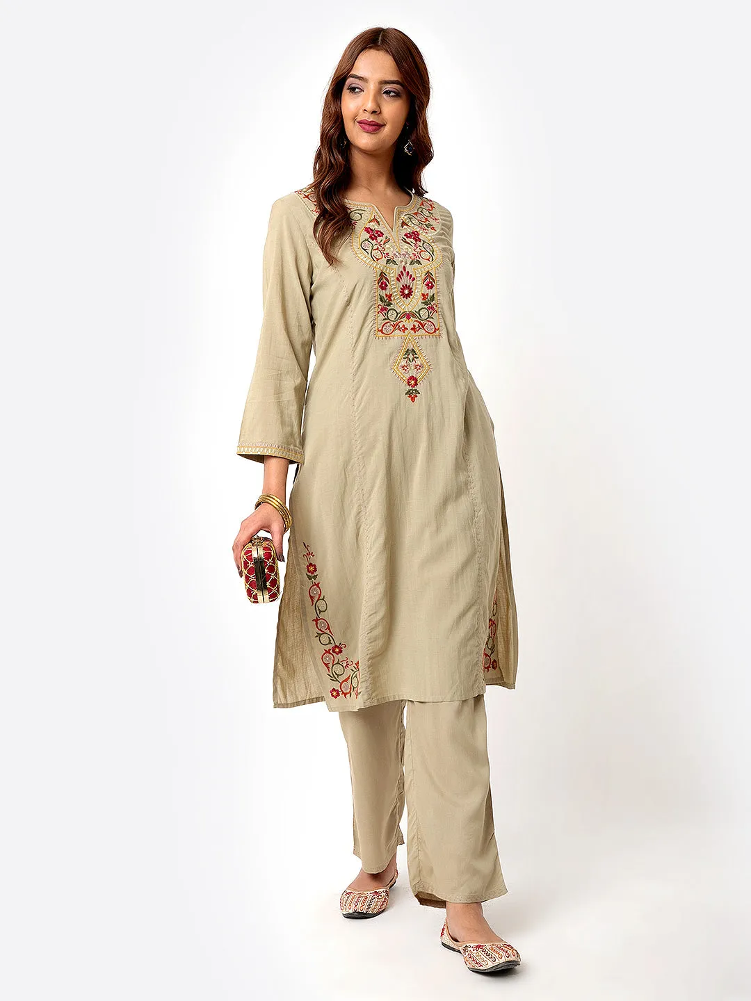 Green Co-ord Set with Embroidery For Women