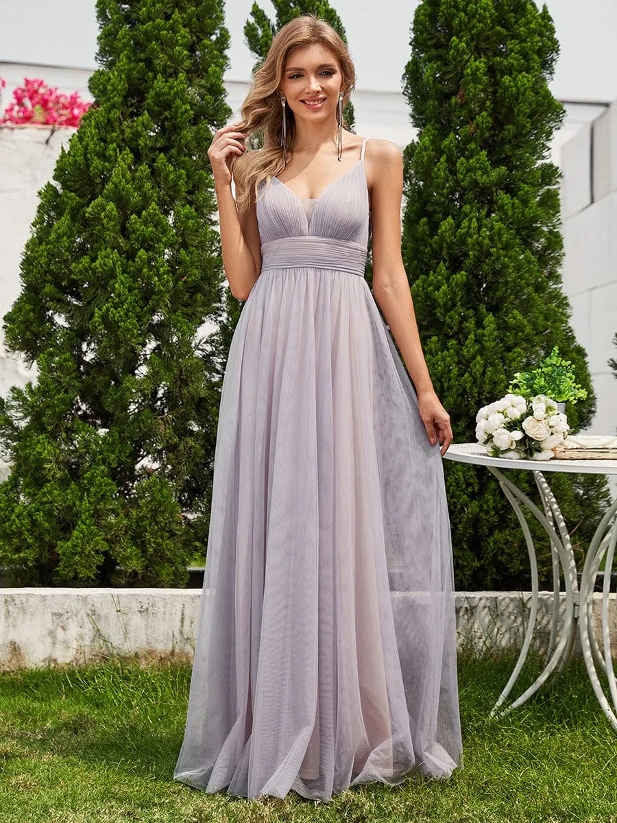 High-Waisted Backless See-Through Tulle Bridesmaid Dress with V-Neck