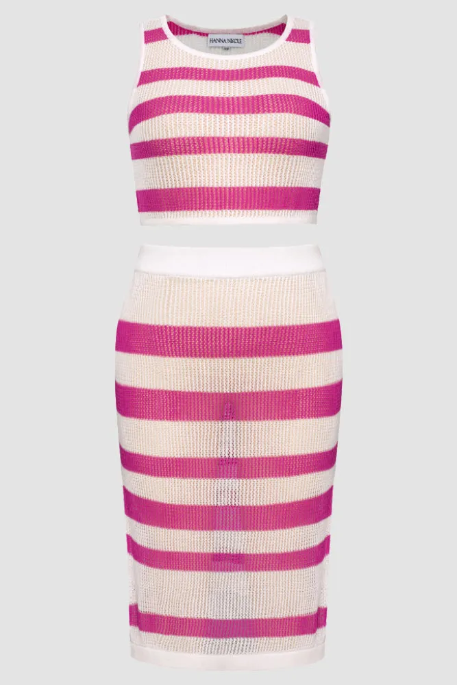 HN Women Plus Size Knitted Beach Cover-up Sleeveless Crew Neck Tops Skirt
