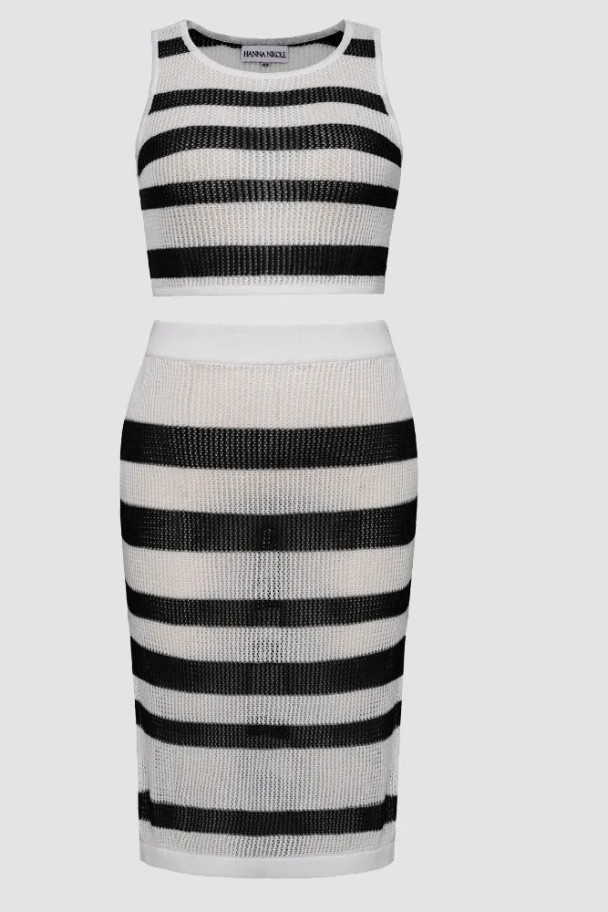 HN Women Plus Size Knitted Beach Cover-up Sleeveless Crew Neck Tops Skirt