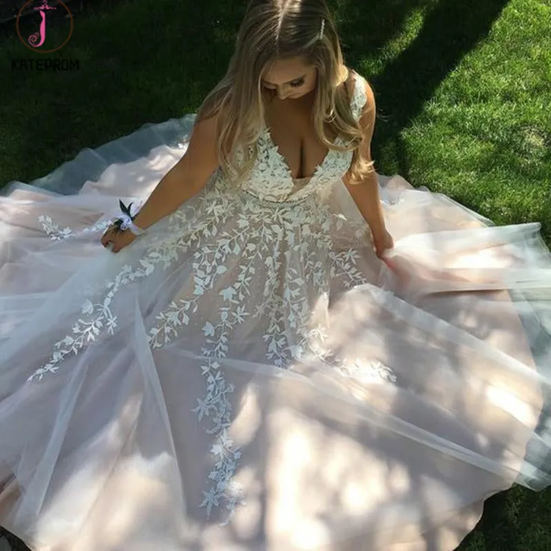 Kateprom A-Line V Neck Light Gray Princess Tulle Long Prom Dresses With Bead KPP1257