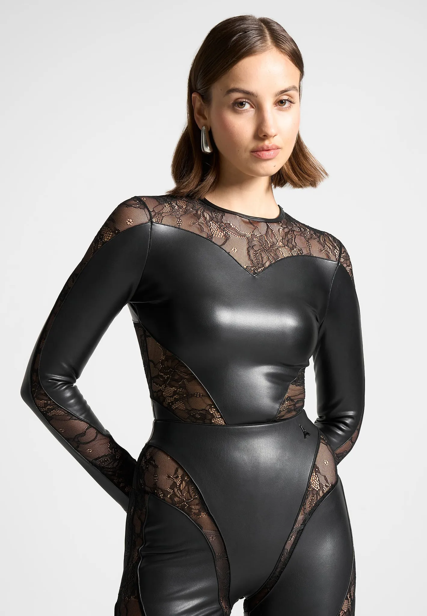Leather and Lace Contour Bodysuit - Black