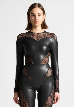 Leather and Lace Contour Bodysuit - Black