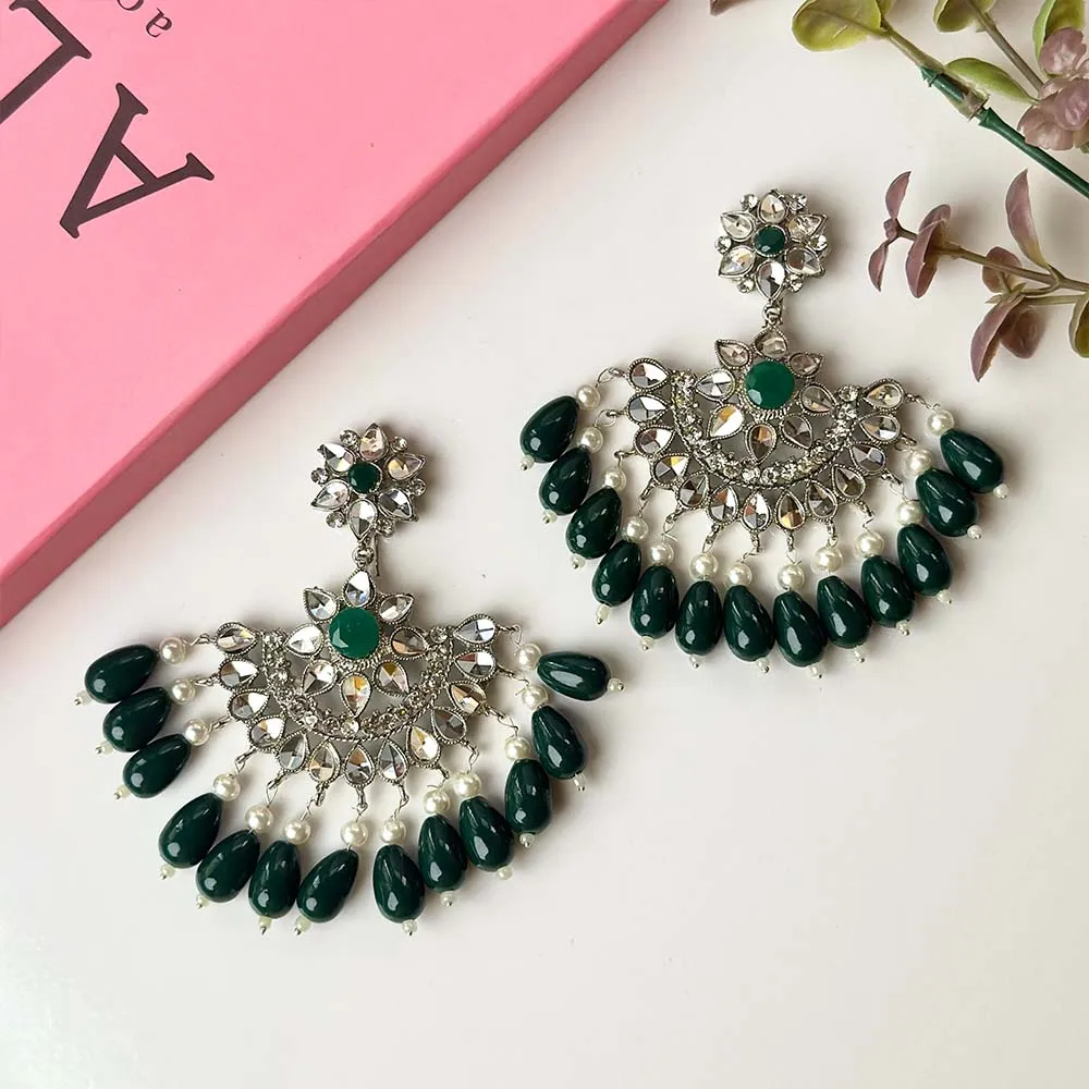 Minaahil Silver (Green) Earrings/Teeka set
