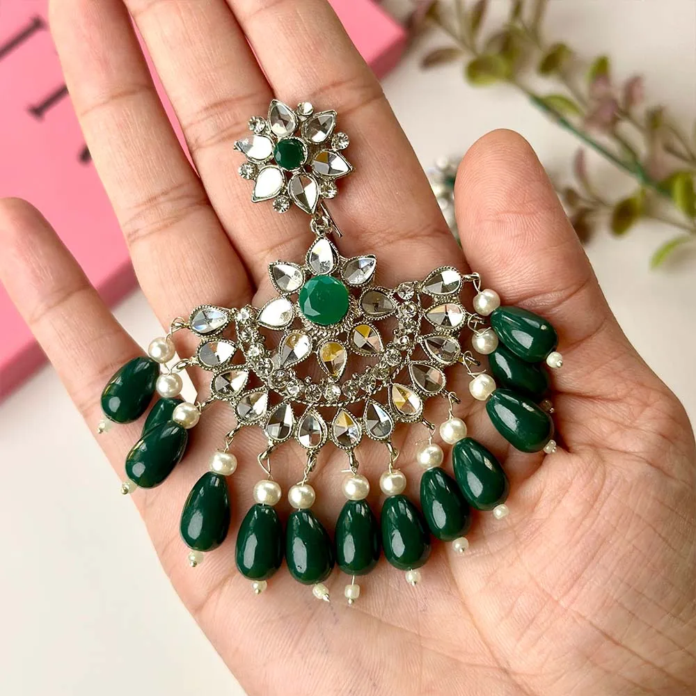 Minaahil Silver (Green) Earrings/Teeka set