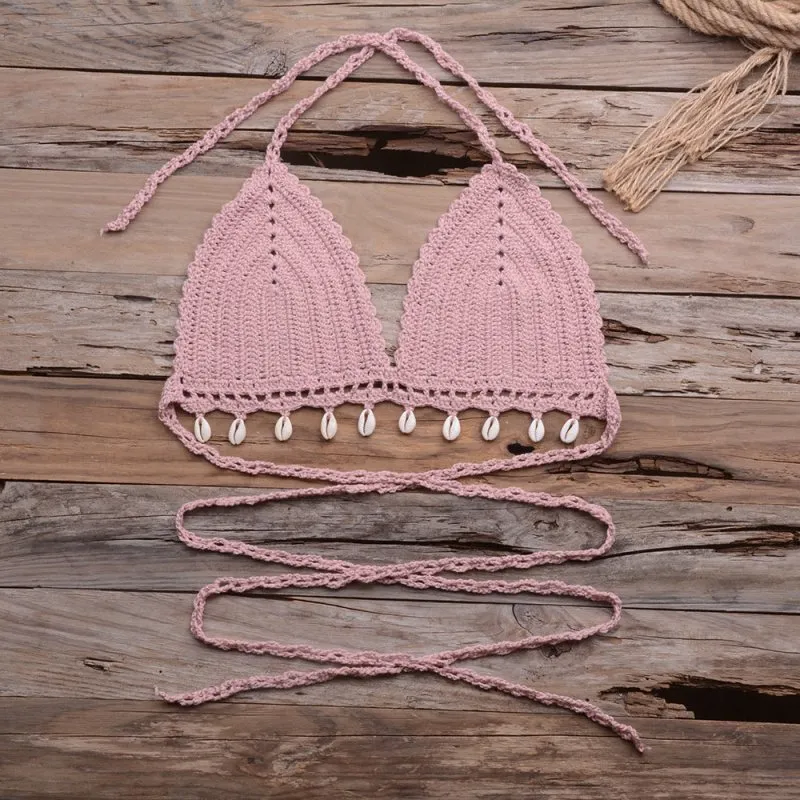 Popular Beach Vacation Hollow Out Hollow Out Cutout Pure Hand-Woven Shell Bikini Swimsuit Tops Women