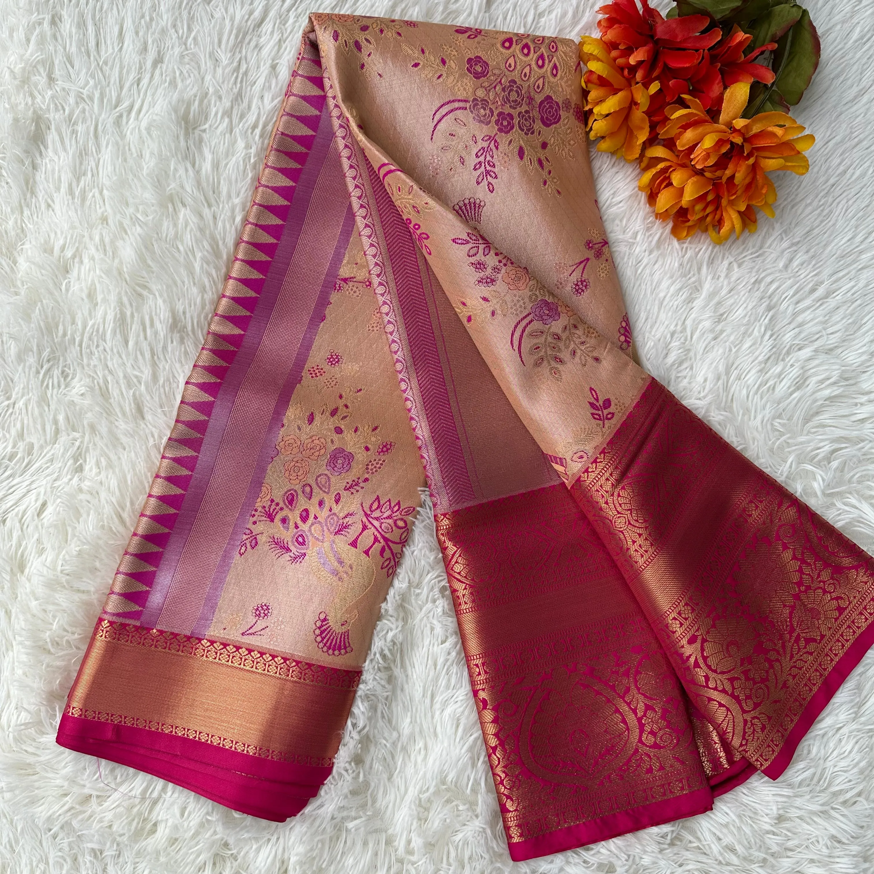 Radiant Richness: Beige Color Semi-Tissue Saree with Unique Floral