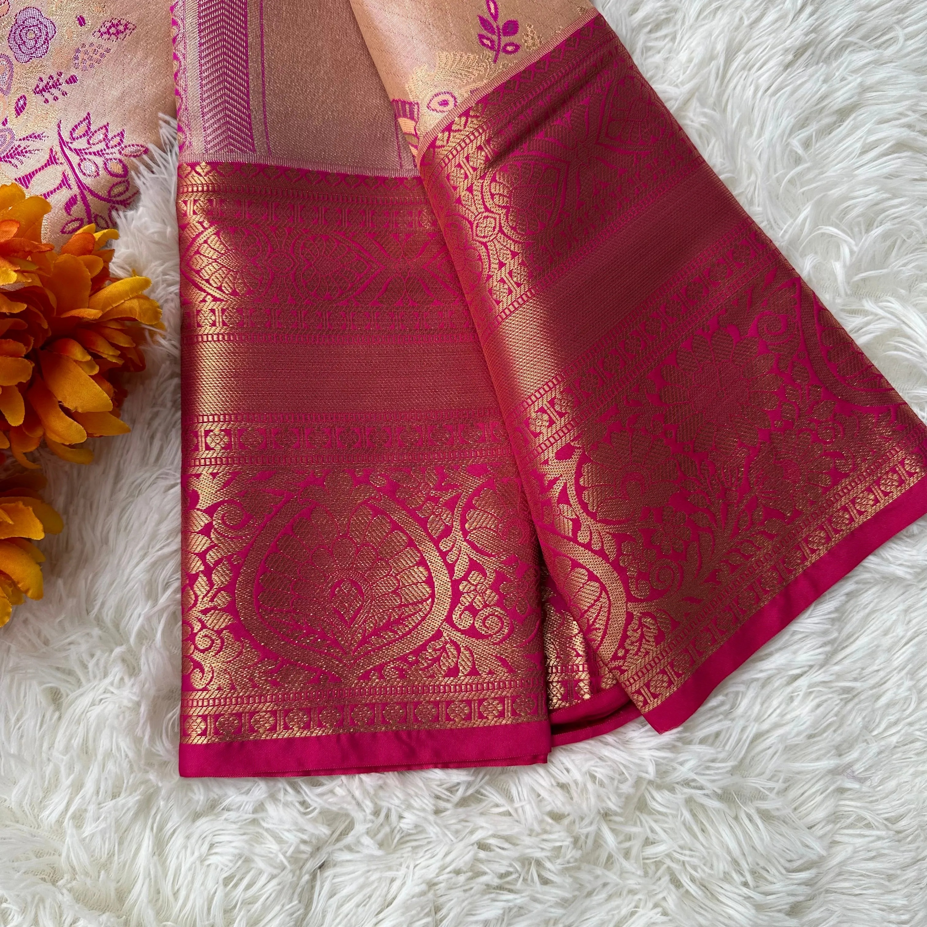 Radiant Richness: Beige Color Semi-Tissue Saree with Unique Floral