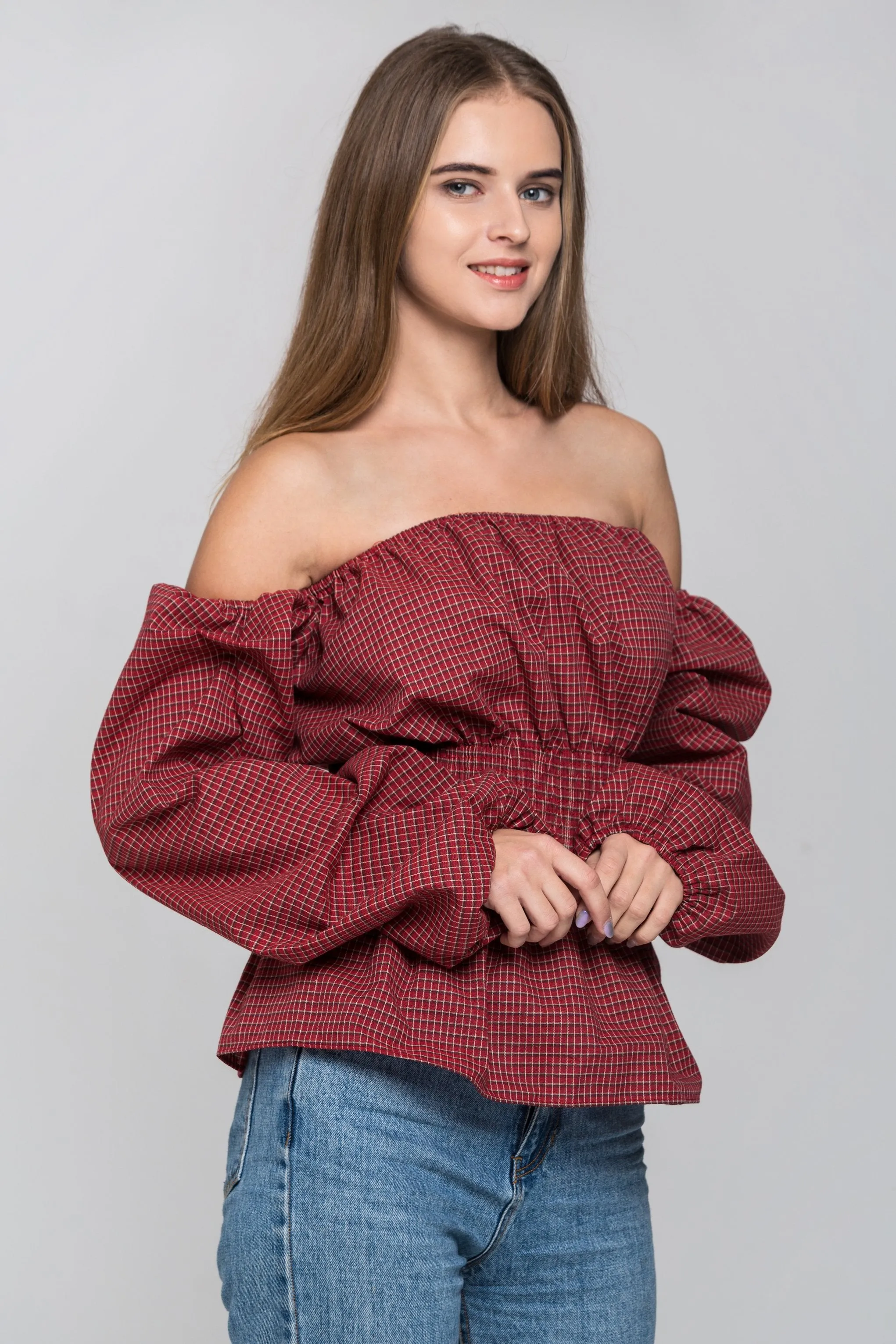 Red Check Smocked Waist Off The Shoulder Top