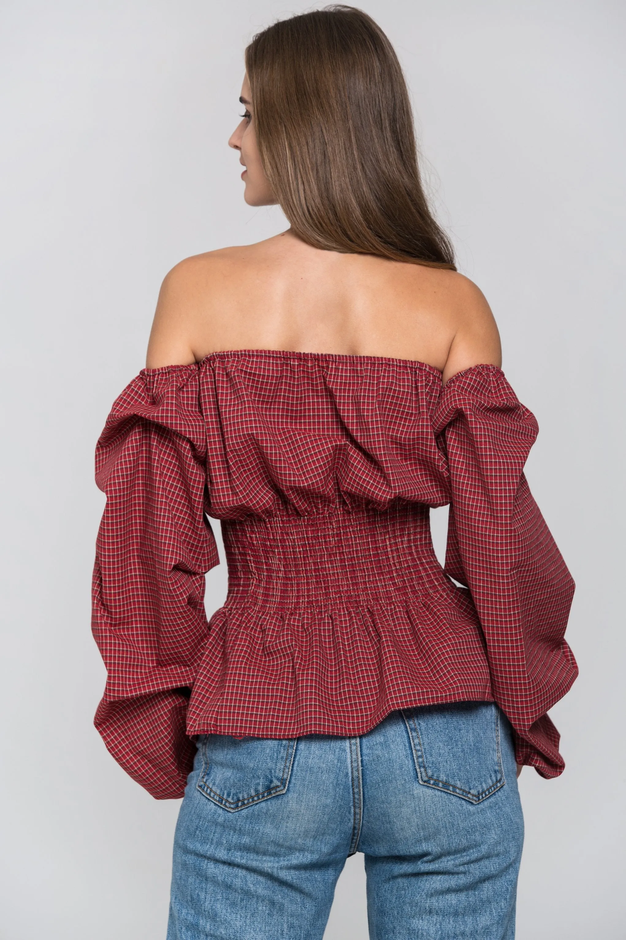 Red Check Smocked Waist Off The Shoulder Top